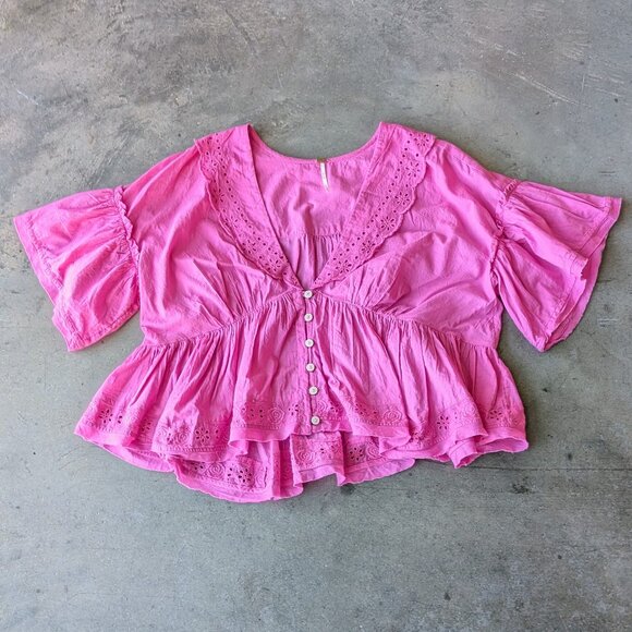 Free People Elle Cutwork Top Fiji Flower Pink Eyelet Crop Top medium - Picture 2 of 9